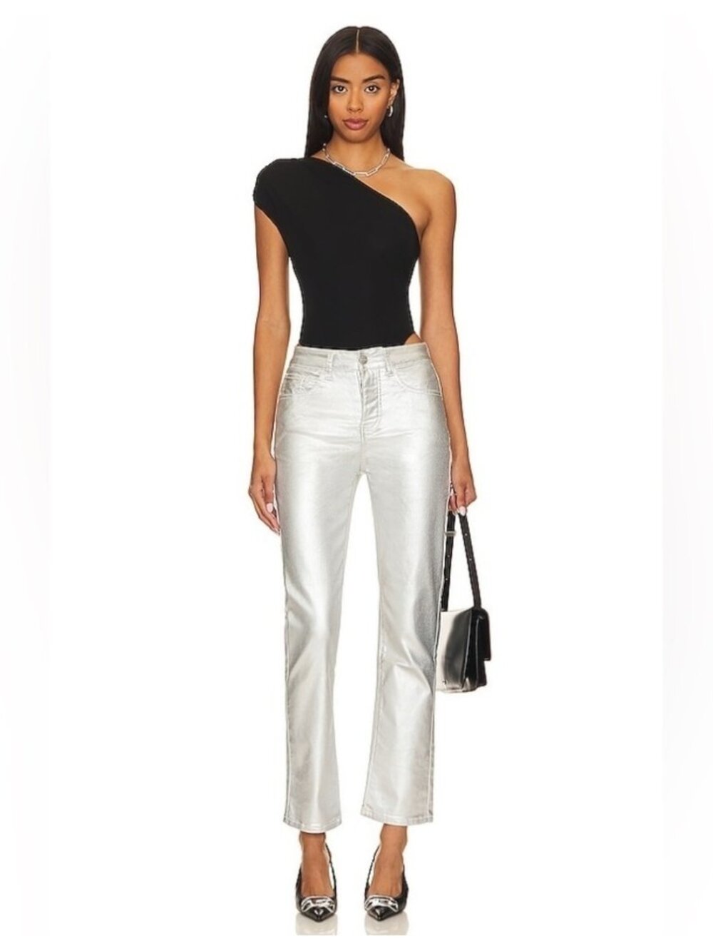 Revolve Superdown Regina Metallic Jean Size 32 In Silver Metallic Straight Leg
